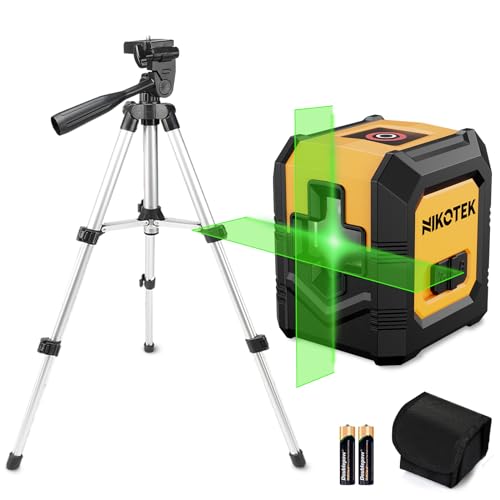 Nikotek Nível laser automático com tripé feixe verde laser de linhas cruzadas horizontais e verticais para decoração de casa bolsa de transporte, 2 x bateria incluída