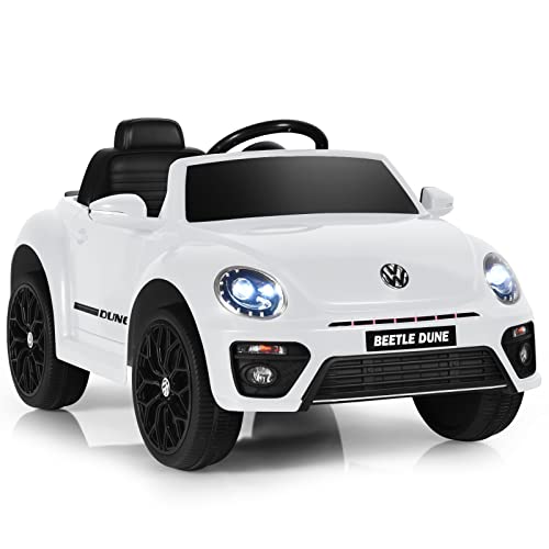 COSTWAY Carro elétrico Volkswagen Beetle para crianças, 12 V, bateria para crianças com controlo remoto, luzes, assento confortável, porta dupla, música, veículo motorizado para crianças (branco)