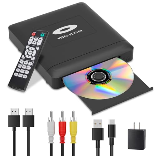 Mini HD DVD Player com HDMI, 1080P Region Free DVD Player para Smart TV, cabo de saída HDMI/RCA incluído, menor ruído, PAL/NTSC integrado, leitor de CD doméstico