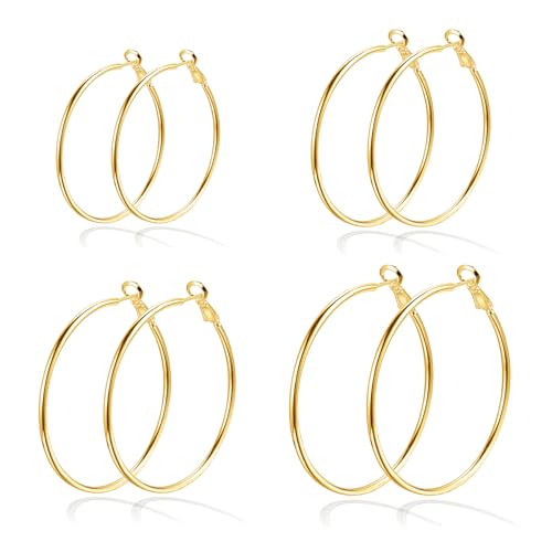 Kenivira 4 pares brincos de aro para mulheres grandes de ouro/prata brincos de ouro hipoalergénico leve conjunto 25/35/45/55 mm