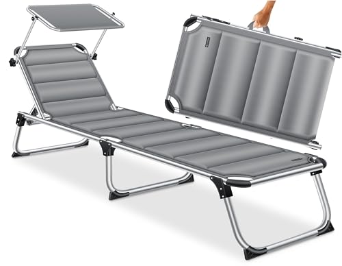 KESSER® Espreguiçadeira de sol com guarda-sol, espreguiçadeira de jardim com teto dobrável, encosto ajustável, ergonómico, cadeira portátil, espreguiçadeira de praia cinzento