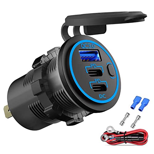 12 V tomada USB carregador multi porta, duplo PD3.0 USB-C e QC3.0 carro porta U-S-B Socket com interruptor ligado, carregador rápido para iPhone iPad telefones Android, adequado para carro barco