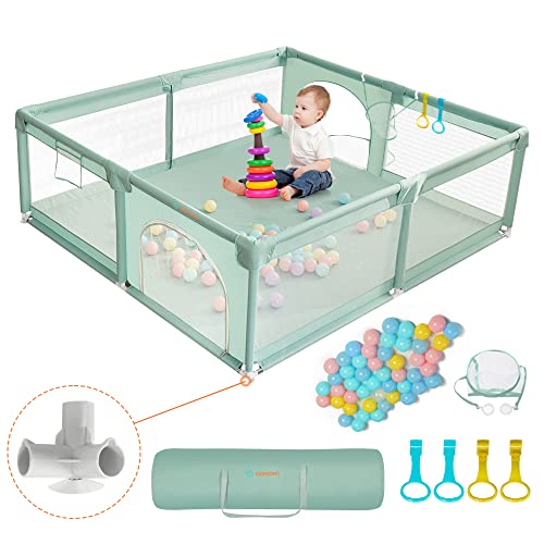 COMOMY Parque infantil para bebé, 200 x 180 x 66 cm, corrente bebé com 50 unidades de bolas, mini basquetebol e 4 Pull Rings, corral bebé com malha macia e respirável, centro de atividades para