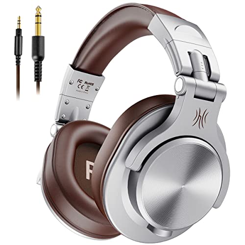 OneOdio Auriculares DJ, auriculares diadema com microfone, auriculares fechados com cabo para PC, auriculares de estúdio HiFi para monitor de gravação AMP, guitarra, piano, E-Drum, prata e castanho