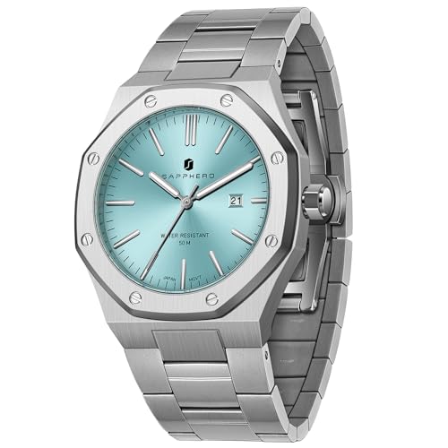 SAPPHERO Relógio de homem impermeável 30 m quartzo prata correia de aço inoxidável data calendário preto azul homens relógios presentes de pulseira para homens