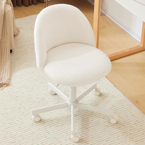 Cadeira de secretária, cadeira de toucador, escritório e toucador, com rodas, altura regulável, cadeira compacta para estúdio, quarto, escritório em casa, tecido Teddy (branco)