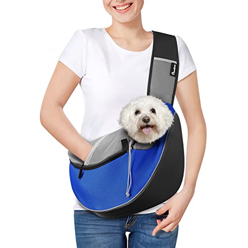 Pawaboo Bolsa de tiracolo para cães, bolsa portátil para animais de estimação com trela ajustável e bolsos, mala de mensageiro respirável confortável com para cães gatinhos para viajar, L, azul