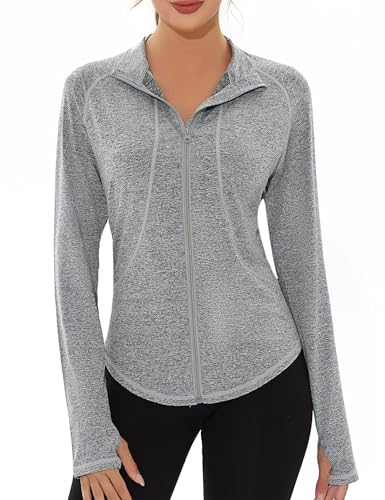 Gyabnw Casaco desportivo mulher camisola fecho de correr manga comprida com orifício para polegar camisola mulher proteção solar leve e respirável