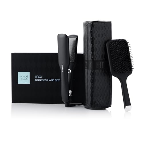 ghd Conjunto de presente max - conjunto de presente alisador de cabelo profissional com placas mais largas, escova ghd all-rounder e nécessaire resistente ao calor, tecnologia de zona dupla, edição