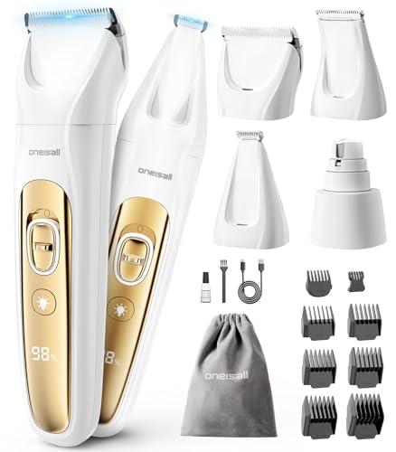 oneisall 4 em 1 Corta-pelos silencioso para cães e gatos com luz LED, 2025 para o cuidado do pêlo de animais de estimação, corta-pelos para cães e aparador de unhas e moedor de garras, 2000 mAh