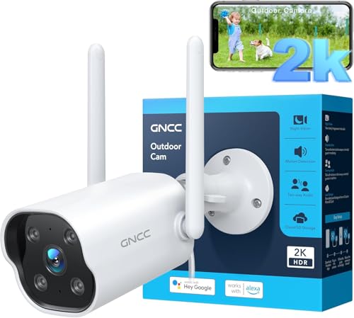 GNCC Câmara de vigilância WiFi exterior 2K GT1PRO para domicílio, visão noturna IR, impermeável IP65, detecção AI, sereia, áudio bidirecional, cabo de 3 m, compatível com Alexa e WiFi de 2,4 GHz