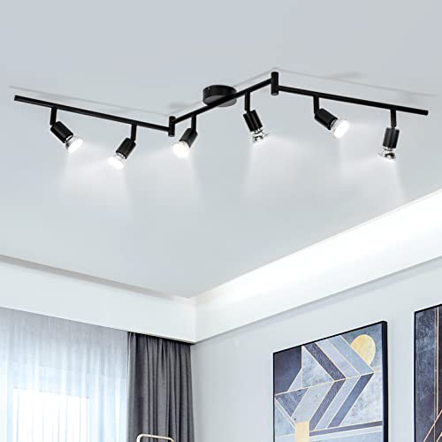 wowatt Candeeiro de teto LED com focos rotativos candeeiro de sala 6 x Spot lâmpadas GU10 baixo consumo 5 W focos LED interior teto 230 V 6000 K branco frio 420 lm 82Ra IP20 preto mate