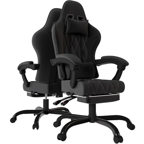Devoko Cadeira de jogos de tecido, cadeiras de escritório ergonómicas com massageador, cadeira Gamer com estofamento de molas, com apoio de cabeça, apoio para os pés, rodas, regulável em altura. Preto