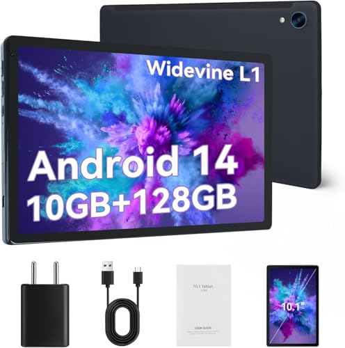 FECLYDET Tablet de 10 polegadas, Android de 14 Octa-Core com 10 GB RAM+128 GB ROM (1TB TF), Widevine L1, Bluetooth 5.0, câmara dupla, 5000 mAh, WiFi6 (preto)