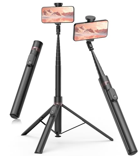 TONEOF Tripé automático Selfie tripé, 168 cm monopie tripé para telemóvel com controlo remoto magnético recarregável, suporte móvel rotativo de 2 eixo de 360°, tripé estável para iPhone/Android-preto