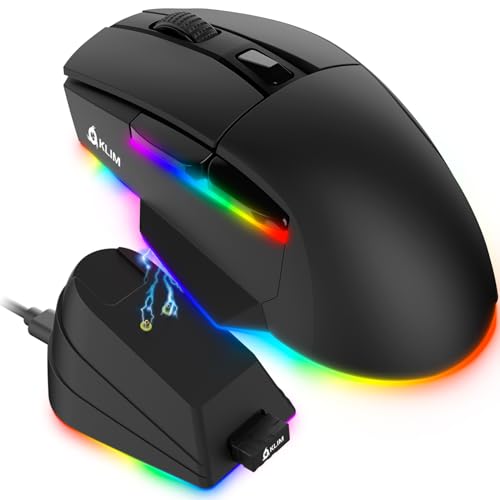 KLIM Blaze X - Novo - Rato Gaming sem fios recarregável RGB com base de carregamento sensor de alta precisão bateria duradoura até 12000 dpi sem fios e com cabo PC, PS5, PS4 - preto