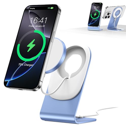Carregador mag Safe BHHB carregador sem fios iPhone 15 W mag-Safe carregador sem fios carregador com suporte para iPhone 15 Pro Max/15 Pro/15 Plus/14/13/12/Air-Pods 2/3/Pro (azul)