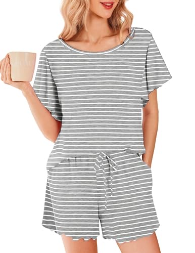 Ekouaer Pijama de mulher de verão, manga curta, estampada, pijamas para mulher, sensual, com bolsos e cordão