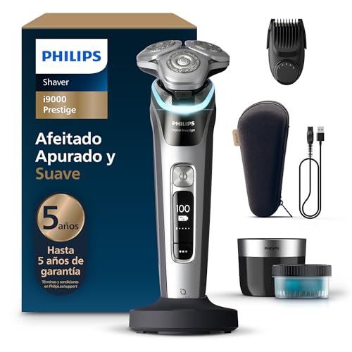Philips i9000 Prestige, máquina de barbear elétrica para homem, máquina de barbear a seco e molhado, tecnologia SkinIQ, base de carregamento, recarregável, estojo, centro de limpeza, aparador,