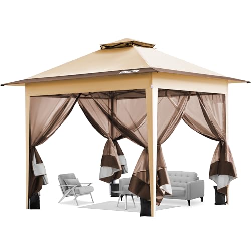 VIVOHOME Azul de jardim 3 x 3 m, com teto duplo de ventilação, 4 cortinas mosquiteiras laterais de malha proteção UV50 bolsa com rodas Gazebo para festas