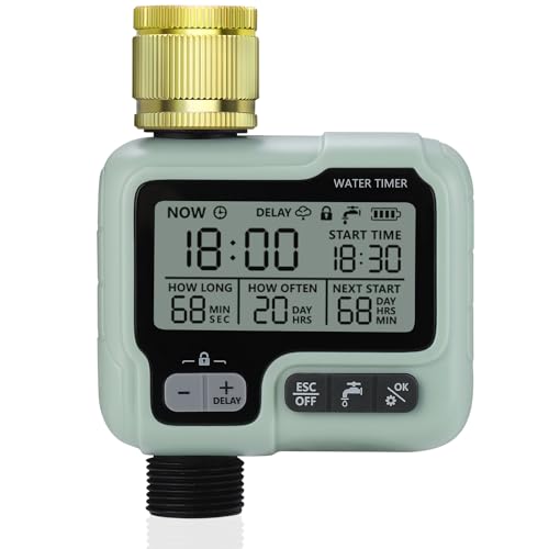 Johgee Computador de irrigação com entrada de latão, temporizador de água, temporizador de jardim, rega com atraso de chuva, controlo automático de rega / manual, programável