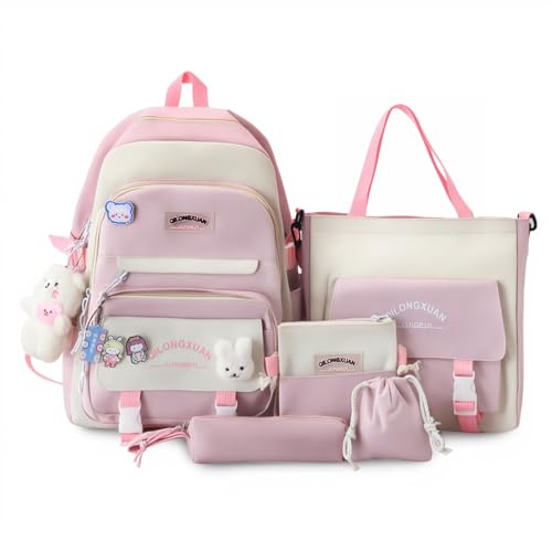 IvyH Mochilas escolares 5 peças para meninas dos 8 aos 16 anos, conjunto de mochila escola adolescentes com saco de compras e estojo para lápis, mochila de viagem 45 cm, 8583# rosa, Casual