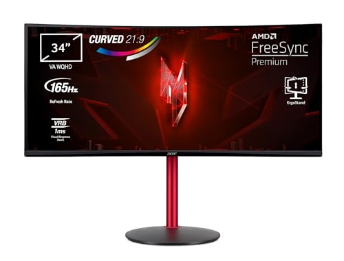 Acer Nitro XZ2 XZ342CU P Monitor de jogos curvo de 34" UltraWide QHD de 165 Hz (86,4 cm, 3440x1440, 21:9, 400 Nits, 1 ms VRB, AMD FreeSync Premium, HDMI 2.0/Dom. P 1.4) Monitor PC Gaming, preto