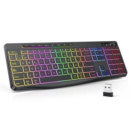 TECURS Teclado Gaming sem fios, teclado QWERTY silencioso, ergonómico, impermeável, teclado retroiluminado de 2,4 Ghz LED, anti-chosting, teclado multimédio, para PC/computador/MAC/Windows
