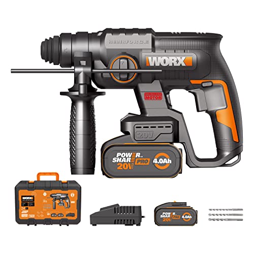 WORX 18 V (20 V Max) Broca Percutor rotativo sem cabo WX381.2, PowerShare, motor sem escovas, martelo perfurador a bateria, antivibração, 2 baterias de 4 Ah incluídas