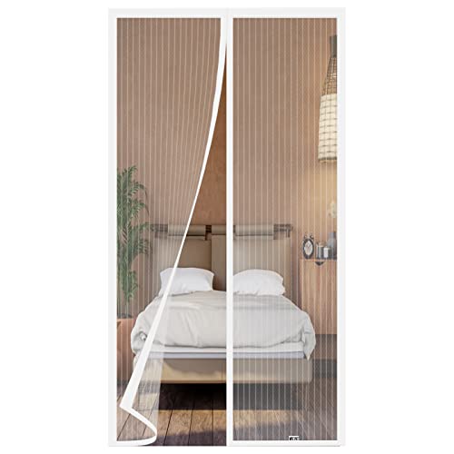 Mosquiteira de porta magnética 75 x 200 cm, adequado para todos os tamanhos de porta de varanda, porta de sala de estar, porta de correr exterior. Listras brancas