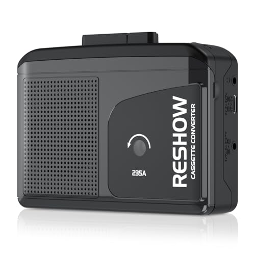 Reshow Leitor de cassete portátil com altifalante incorporado e tomada para auriculares, conversor de cassete USB a MP3, gravação inversa em fita (preto)