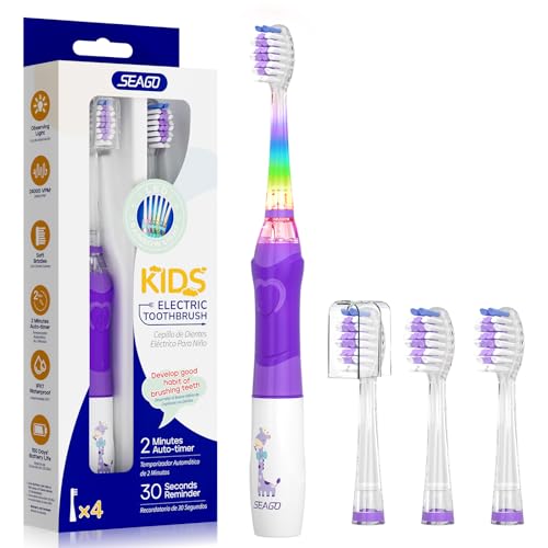 Escova elétrica infantil, Seago escova de dentes infantil com luz colorida, 4 cabeças de substituição extra macias, temporizador de 2 minutos, adequado para crianças acima de 3 anos SG977 (violeta)
