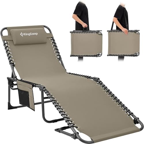 KingCamp Espreguiçadeira dobrável para exterior, espreguiçadeira, jardim, encosto ajustável em 5 posições, cadeira de jardim, espreguiçadeira de praia, cama de campismo com almofada para praia e