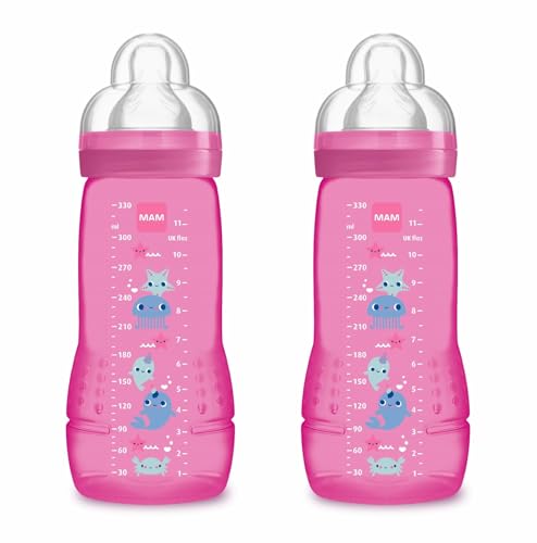 MAM Embalagem de 2 bibões, a partir de 4 meses, 330 ml, com Tetina 3 de fluxo rápido de silicone de fácil aceitação, fácil de segurar, fácil de limpar, MAM Easy Active, rosa brilhante, pack de 2