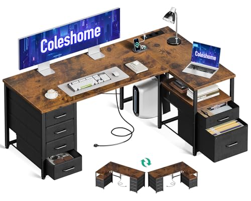 Coleshome Mesa de canto com gavetas de tecido, reversível mesa em L com gaveta para arquivos, secretária para computador com porta de carregamento USB e tomada de corrente (castanho, 140 x 70 cm)