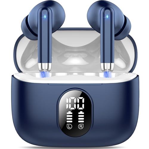 QXQ S26 Auriculares Bluetooth 5.4, 2025 novos auriculares sem fios Hi-Fi estéreo com 4 ENC microfones, 40 horas mini capacetes sem fios Bluetooth com ecrã, auriculares azuis para Android iOS