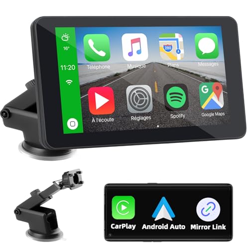 Ecrã automóvel Carplay e Android Auto sem fio, 7 polegadas portátil ecrã Carplay carro sem instalação, ecrã para carro com Bluetooth, navegador GPS, Mirror Link, controlo de voz, FM, AUX