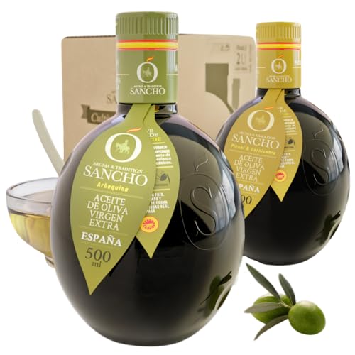 Azeite de oliva virgem extra duo degustação Gourmet variedades premium arbequina em ponto Corni garrafa de vidro presado a frio colheita precoce - AOVE SANCHO origem Espanha DOP a mancha