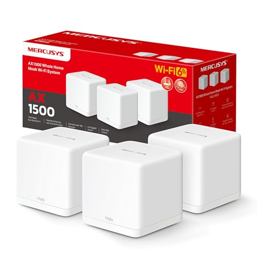 [2024 novo] MERCUSYS Halo H1500X (3-Pack)-AX1500 Sistema WiFi 6 Mesh, 3 portas Gigabit Ethernet, conecta até 150 dispositivos, controlo parental, cobertura até 5500 M², F. Configuração fácil