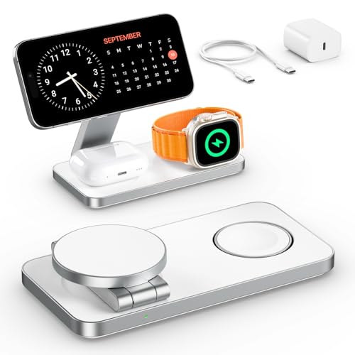 EXW Carregador sem fios magnético 3 em 1 com MagSafe carregador portátil dobrável para iPhone 16/15/14/13/12 AirPods Apple Watch adaptador de cabo 20 W cor branca