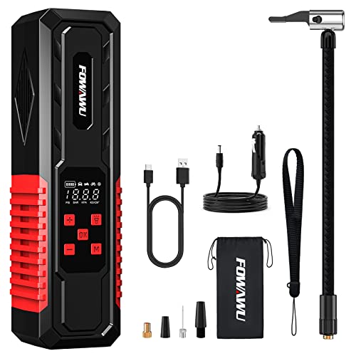 FOWAWU 150 PSI Inflador rodas carro - compressor de ar portátil, insuflador cabo DC 12 V ecrã LCD, lanterna LED - para moto, bicicleta, bolas