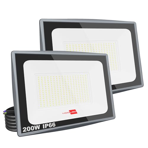 HOOLED Focos LED para exteriores, 20000 ml, 6500 K, feixe de 120°, holofote projetor LED IP65 impermeáveis, branco frio floodlight, iluminação exterior para teto, jardim, pátio, porta, garagem (200