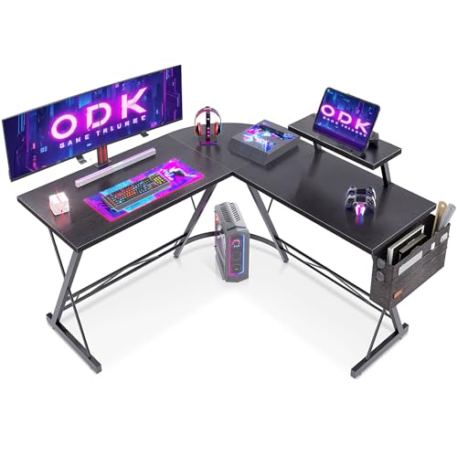 ODK Mesa de jogos com suporte para monitor de mesa em L mesa para computador preto, 127 x 127 cm