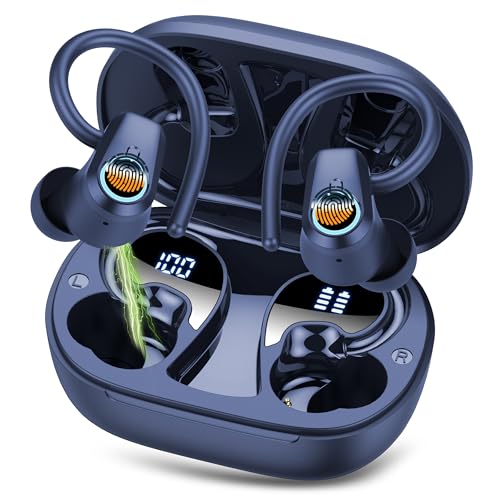 Auriculares sem fios desportivos, auriculares Bluetooth 5.3 com HD Mic, 50H de reprodução com cancelamento de ruído ENC, ecrã LED, IP7 impermeável capacetes sem fios para iOS Android azul escuro