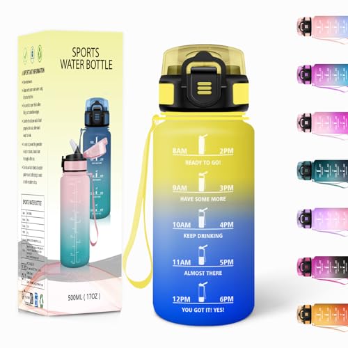 Garrafa de água para crianças, 500 ml com palha, garrafa de água, cantil infantil, garrafas motivacionais com marcador de tempo, garrafas de água para desporto, à prova de fugas para escola, amarelo e