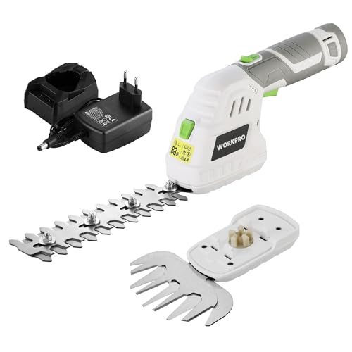 WORKPRO 12 V Tesoura cortador de relva e arranjo 2 em 1, corta-sebes elétrico para relva e arbustos, com 2 lâminas, bateria e carregador, tesouras, argura de corte de 12,5 cm, jardinagem, branco