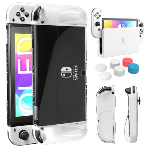 Capas compatíveis com Nintendo Switch OLED, capa transparente compatível com Switch OLED, capa macia de TPU Joy-con e capa rígida para PC Dockable para Switch OLED com 6 tampas de Joystick