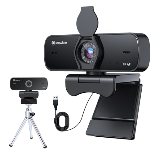 NewlineWork 4k PC Webcam com microfones duplos com cancelamento de ruído, foco automático, correção de luz, com obturador de privacidade e tripé, USB 2.0 UHD Webcam para PC Mac Skype Streaming