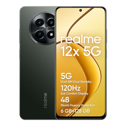 realme Telemóvel 12 x 5G 6 + 128 GB, processador 5G de 6 NM, câmara com IA de 50 MP, design ultrafino de 7,89 mm, grande bateria de 5000 mAh, NFC, preto brilhante, não inclui adaptador