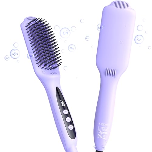 LANDOT Escova de alisamento de cabelo: Escova de cabelo térmica para um acabamento liso natural sem esforço - suaviza e elimina o encolhimento - escova alisadora de cerâmica com tecnologia iónica